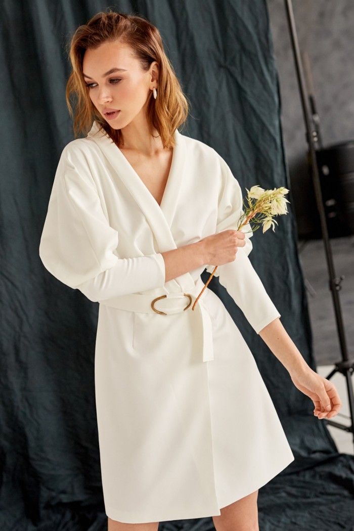 ТОНИ - Стильное свадебное платье-жакет длины мини с длинными объемными рукавами | Paulain