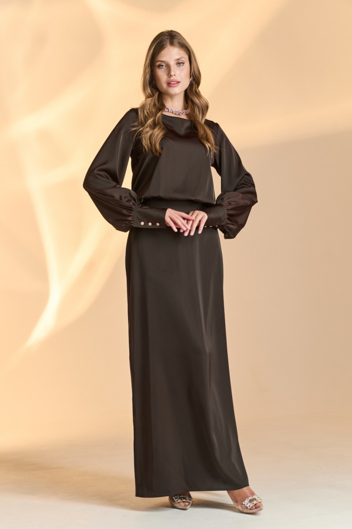 ПЛАТЬЕ 2B2315 - Вечернее платье шоколадного цвета с длинным рукавом на манжетах с пуговицами | Paulain