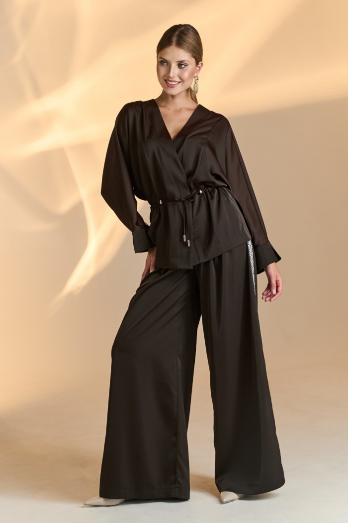 БЛУЗКА 1B2327 - Женская блузка-кимоно со шнурком с длинным рукавом  | Paulain