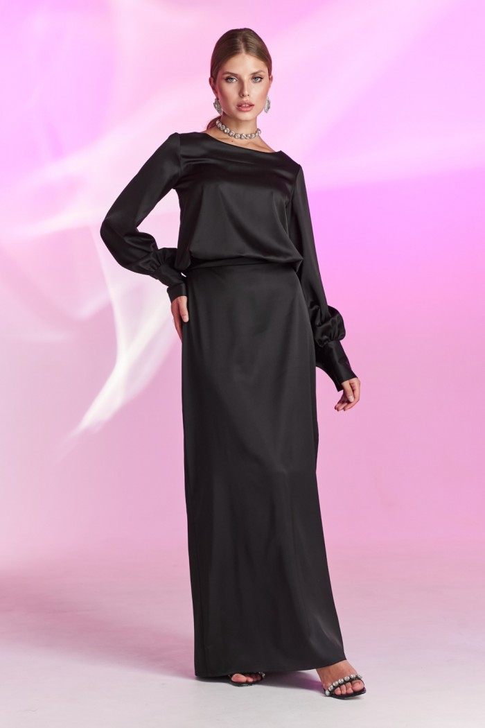 Черное вечернее платье с длинным рукавом на манжетах с пуговицами - ПЛАТЬЕ 2B2315 | Paulain