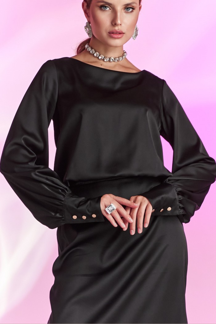 ПЛАТЬЕ 2B2315 - Черное вечернее платье с длинным рукавом на манжетах с пуговицами | Paulain